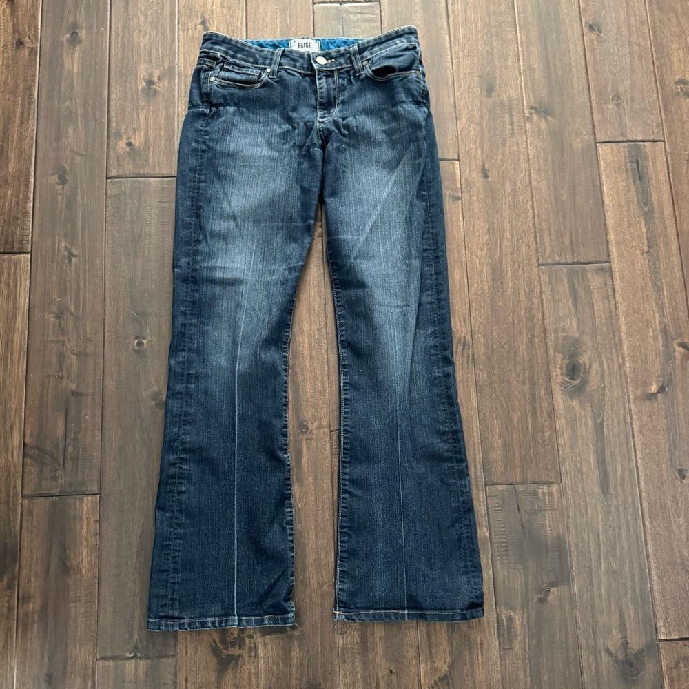 Paige Distressed Dark Wash Flare Leg Low Rise Jeans 29